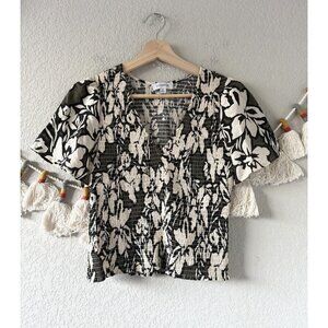 Evereve Carson Floral Olive Black Smocked Baby Top Coquette Cottage Boho XS